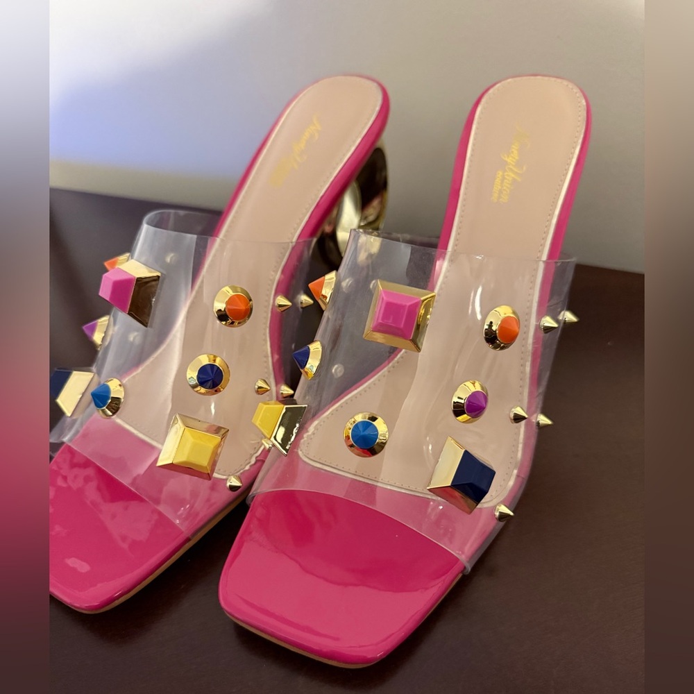Pink High Heels with Transparent Straps and Colorful Studs